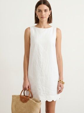 J Crew Mara White Linen Scalloped Trim Button Back Shift Dress NEW CA670 Size S